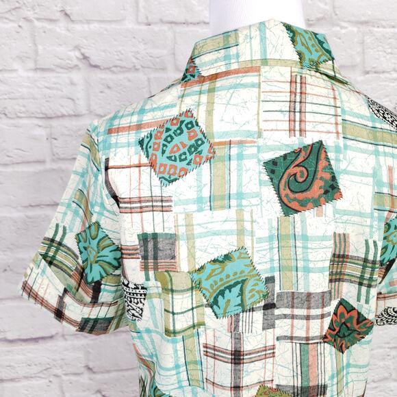 Vintage '70s Bradley Knitwear Green Plaid Patchwork Print Button Down Top Size M - Picture 10 of 16